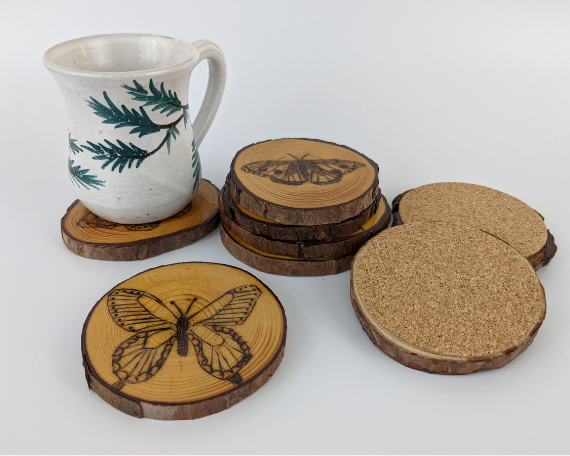 Handcrafted Wood Burned Butterfly Coasters