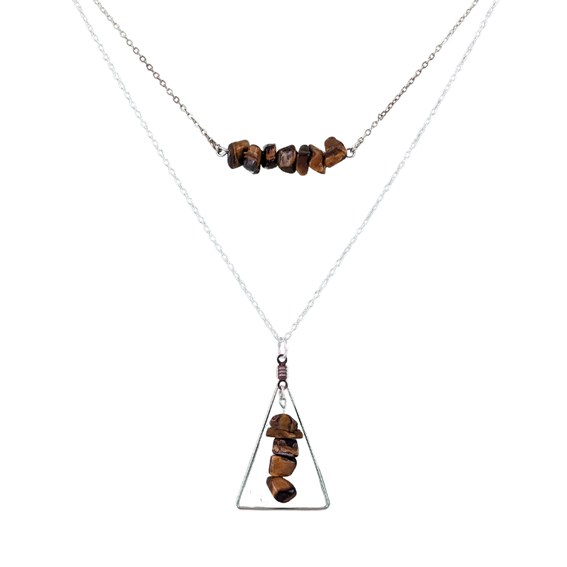 Tiger Eye Bar and Triangle Pendant Necklace Set