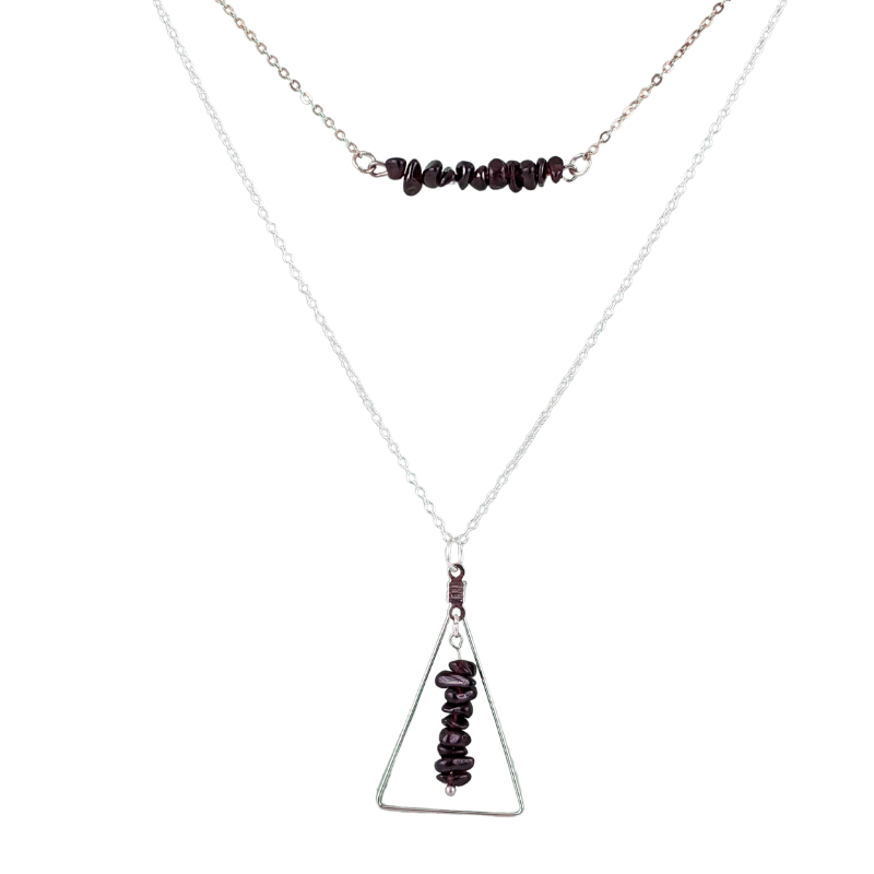 Garnet Bar and Triangle Pendant Necklace Set