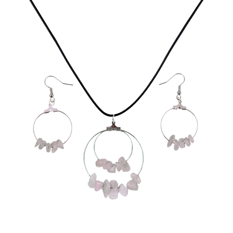 Rose Quartz Double Circle Pendant and Circle Hoop Earrings Set
