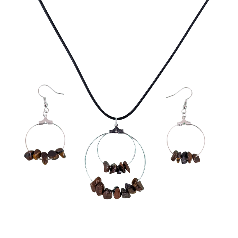Tiger Eye Double Circle Pendant and Circle Hoop Earrings Set