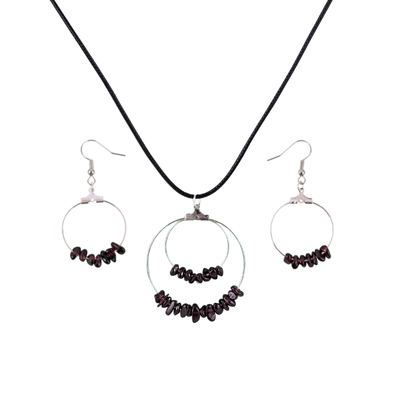 Garnet Double Circle Pendant and Circle Hoop Earrings Set