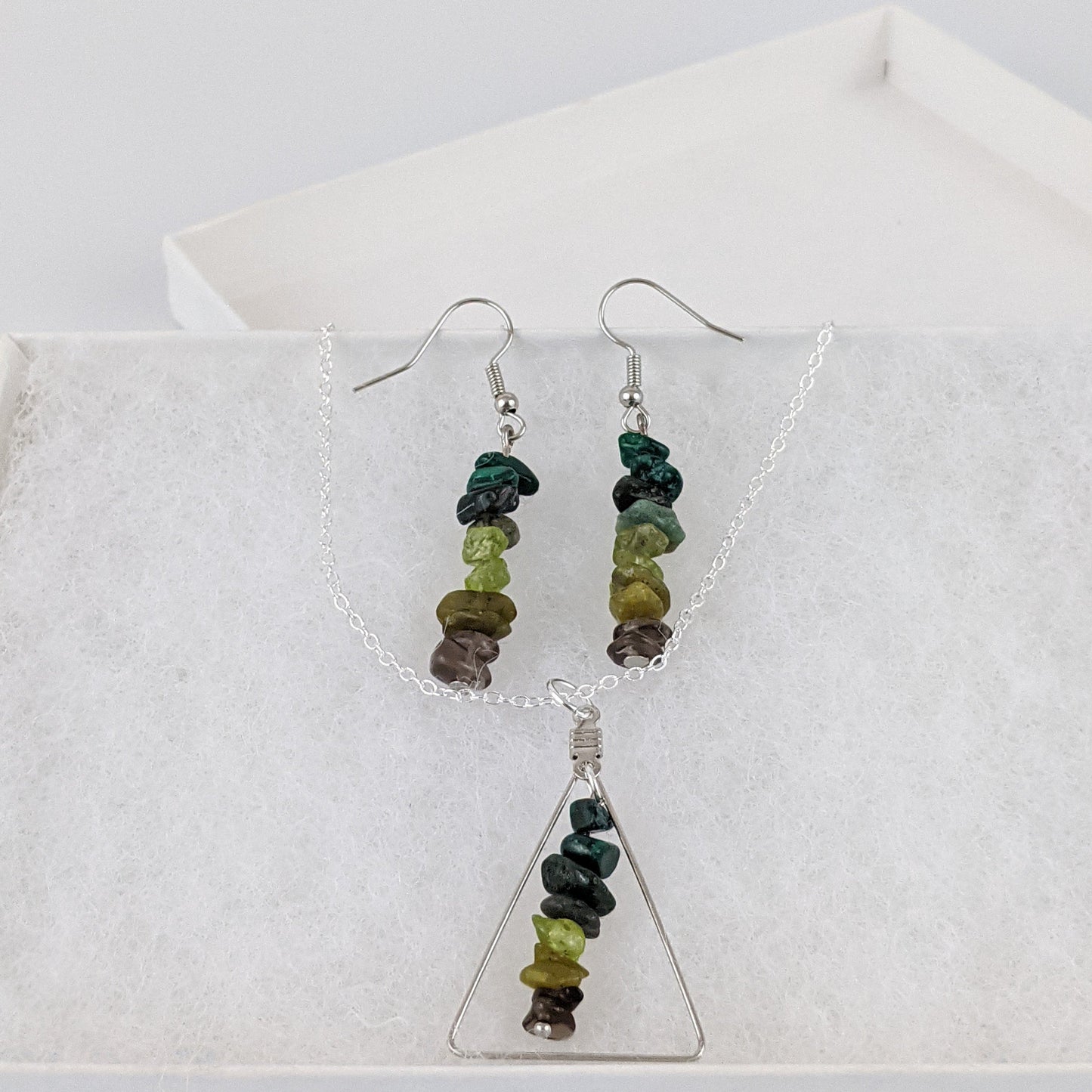 Good Vibes: Transformation and Manifestation Triangle Pendant Necklace and Dangle Earrings Set