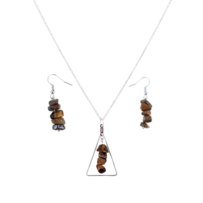 Tiger Eye Triangle Pendant and Dangle Earrings Set