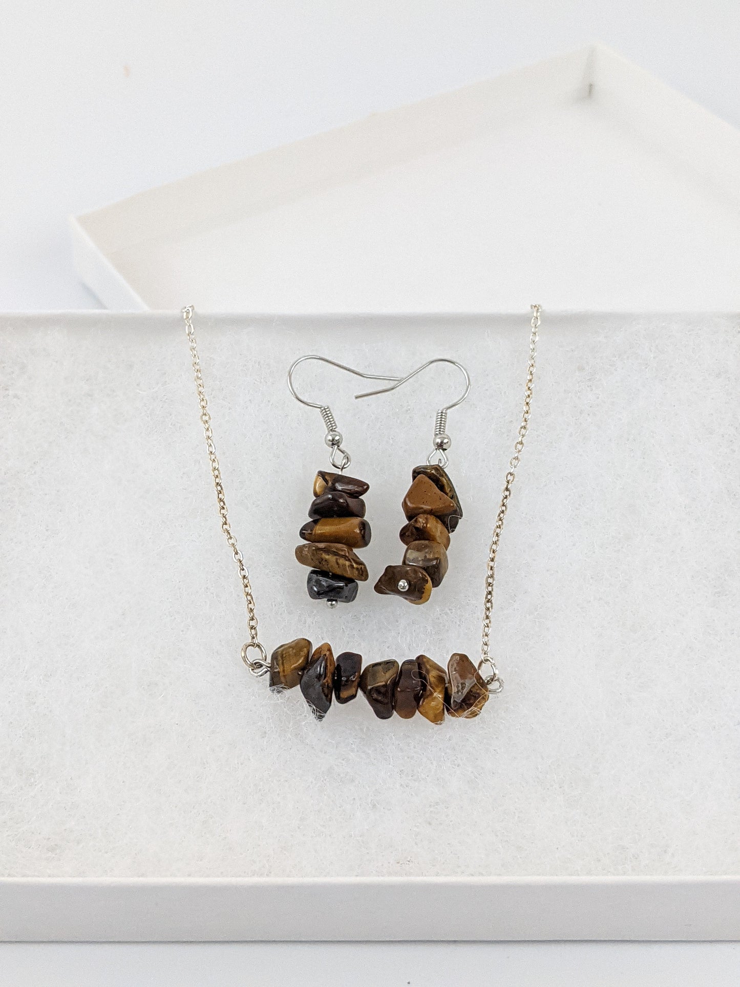 Tiger Eye Bar Necklace and Dangle Earrings Set