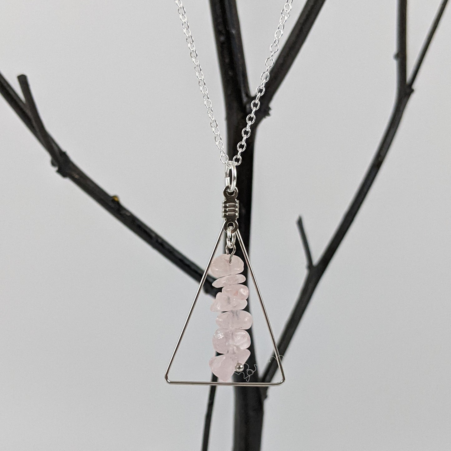 Rose Quartz Triangle Pendant and Dangle Earrings Set
