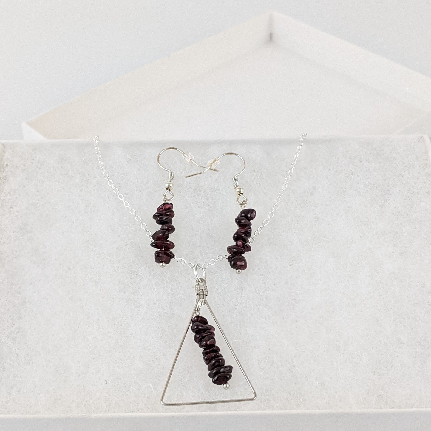 Garnet Triangle Pendant and Dangle Earrings Set