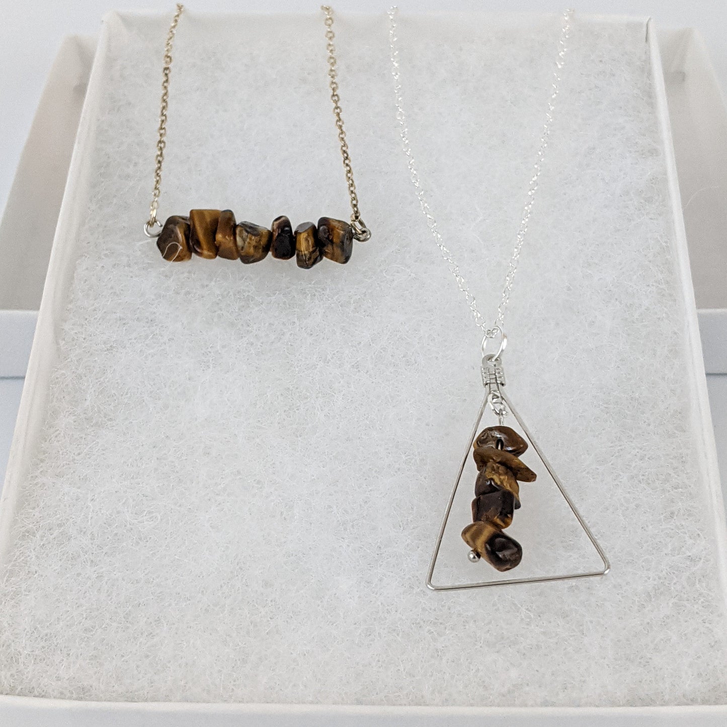 Tiger Eye Bar and Triangle Pendant Necklace Set