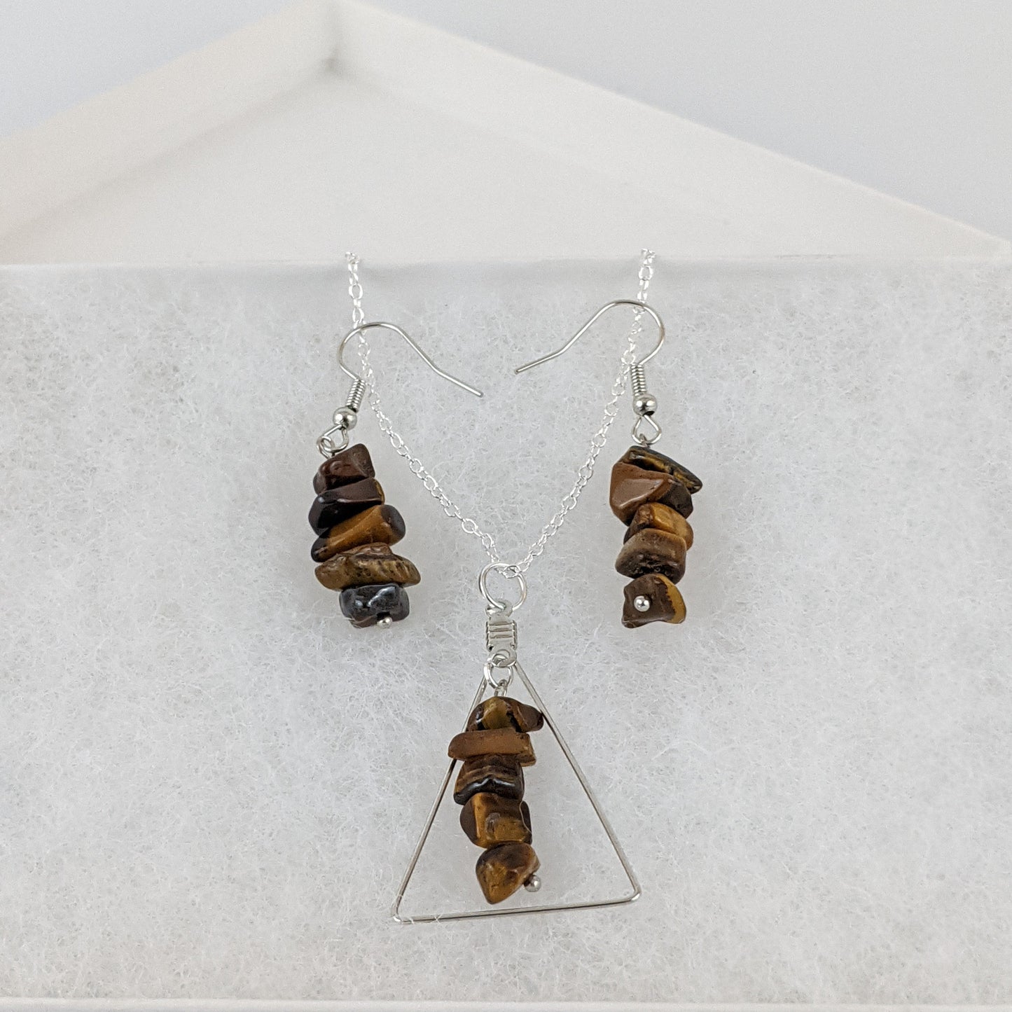 Tiger Eye Triangle Pendant and Dangle Earrings Set