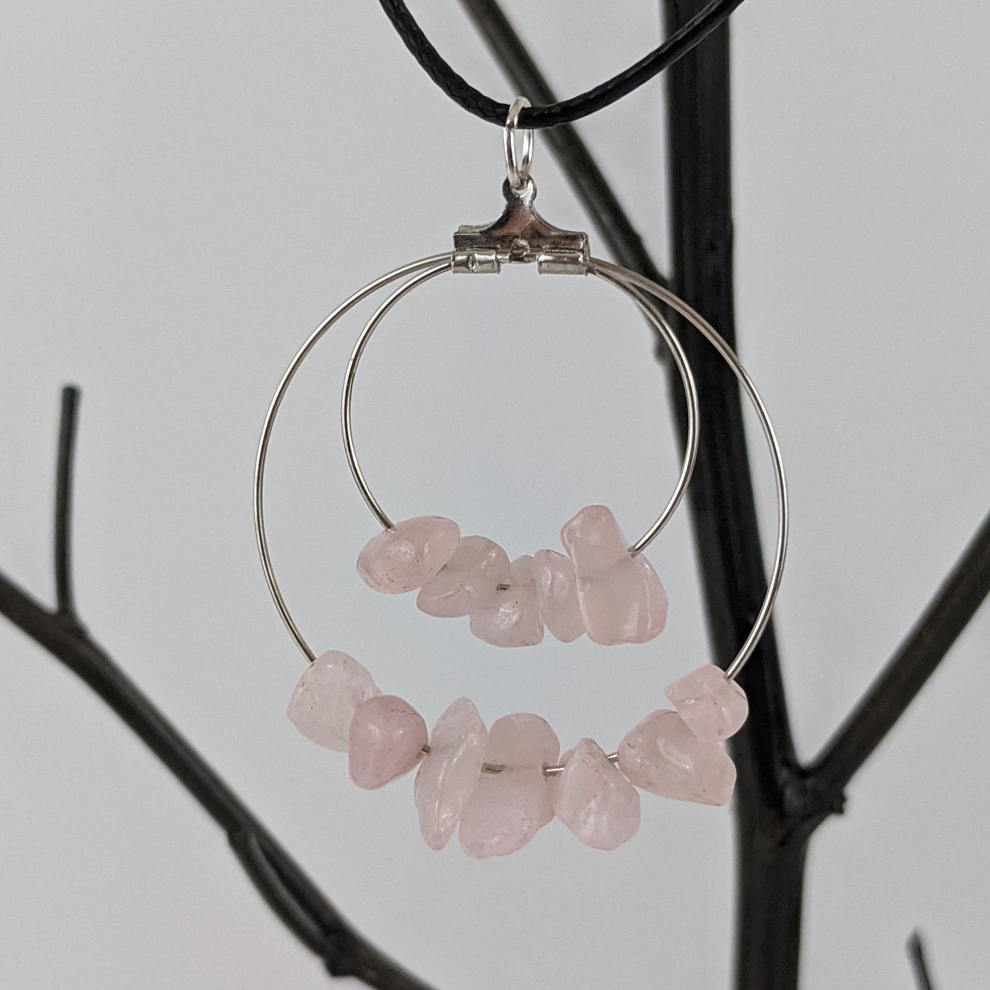Rose Quartz Double Circle Pendant and Circle Hoop Earrings Set