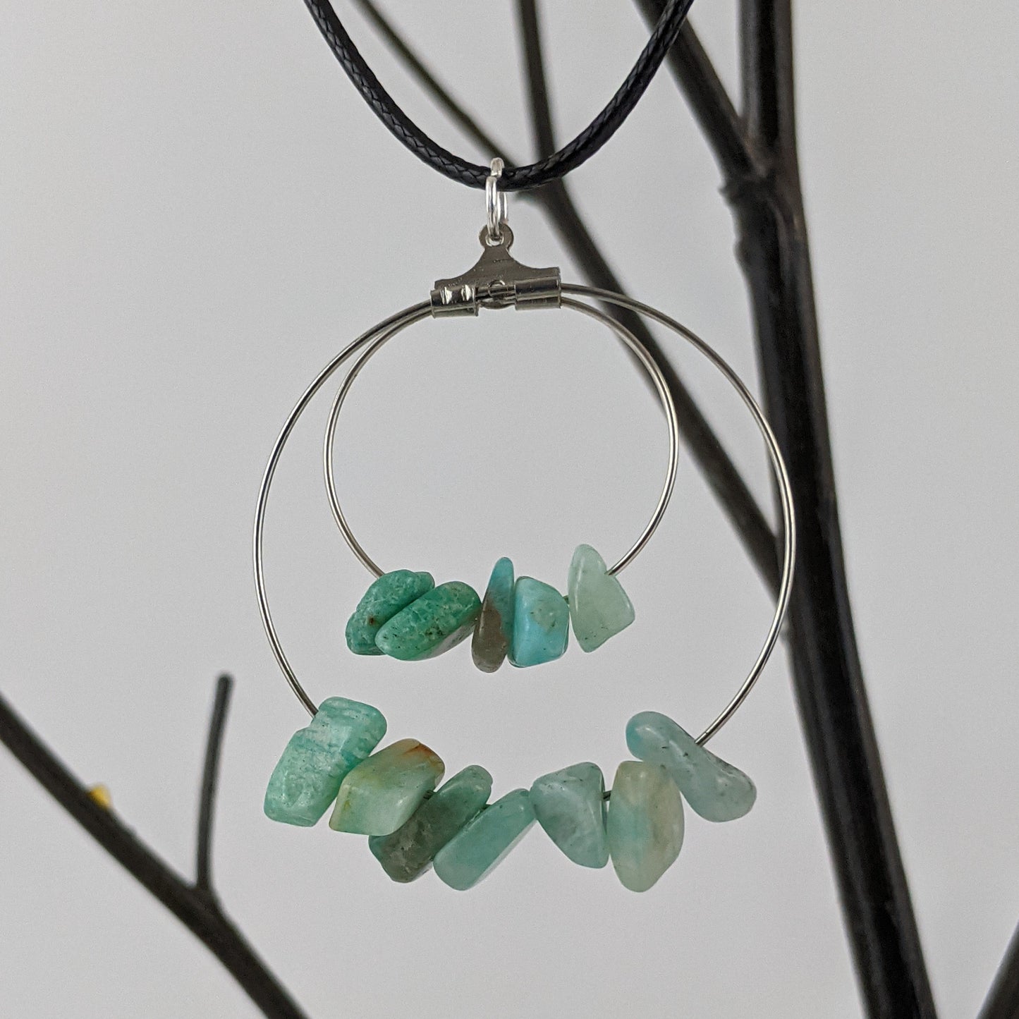 Amazonite Double Circle Pendant and Circle Hoop Earrings Set