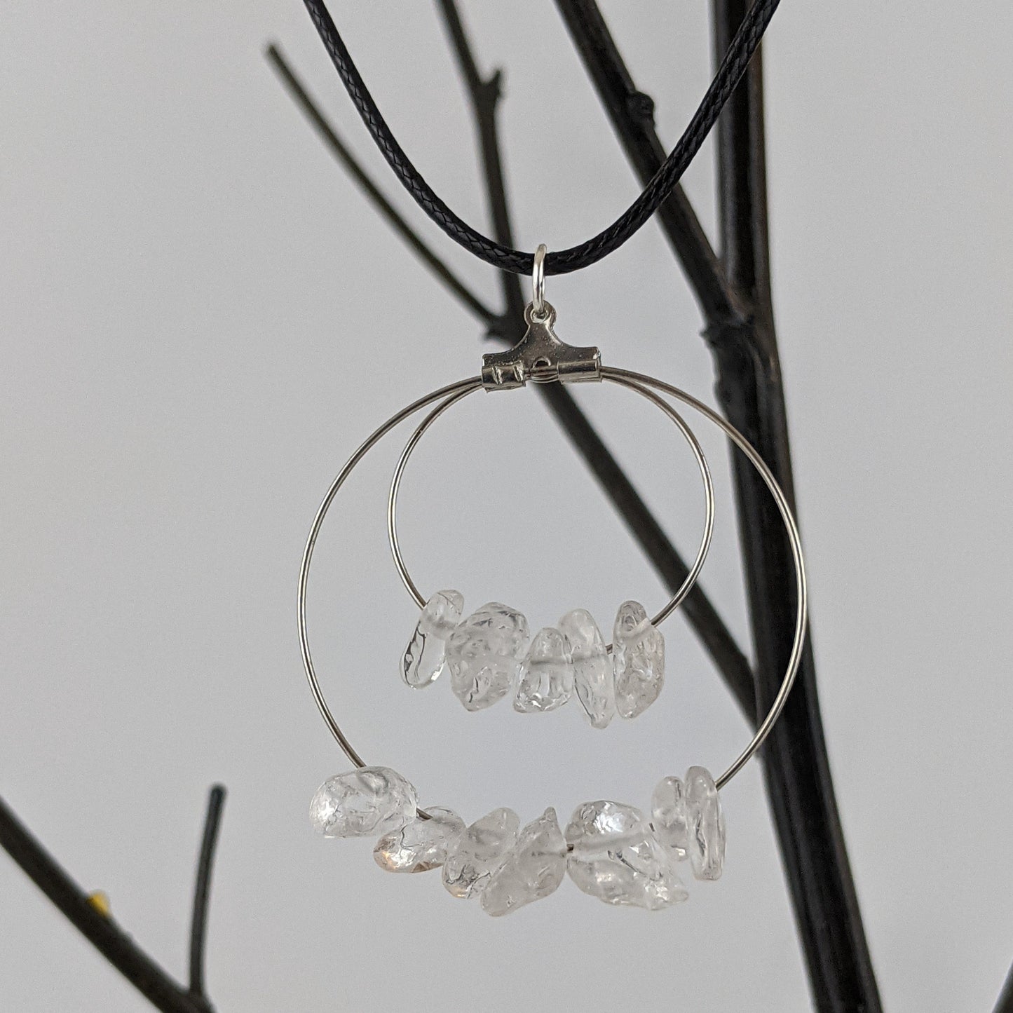 Crystal Quartz Double Circle Pendant and Circle Hoop Earrings Set