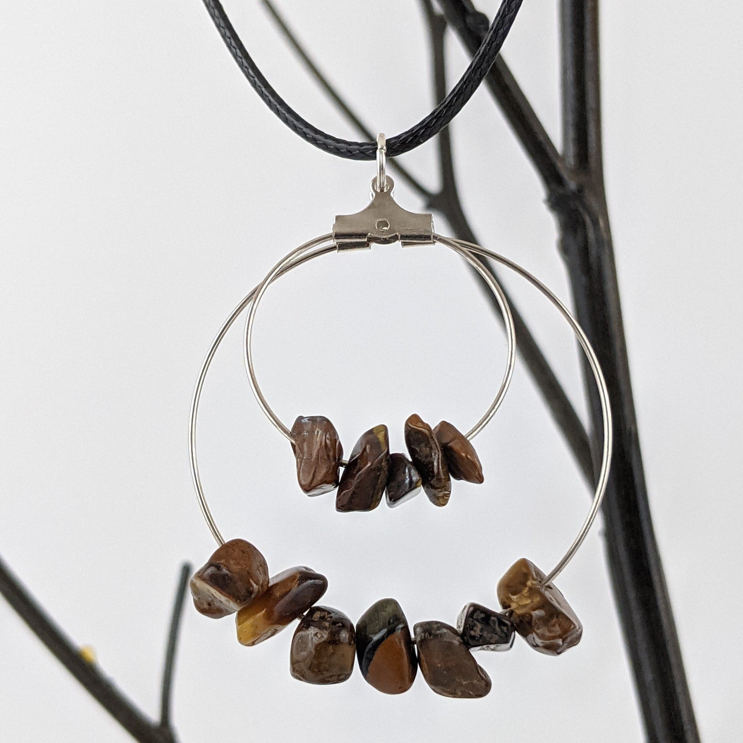Tiger Eye Double Circle Pendant and Circle Hoop Earrings Set