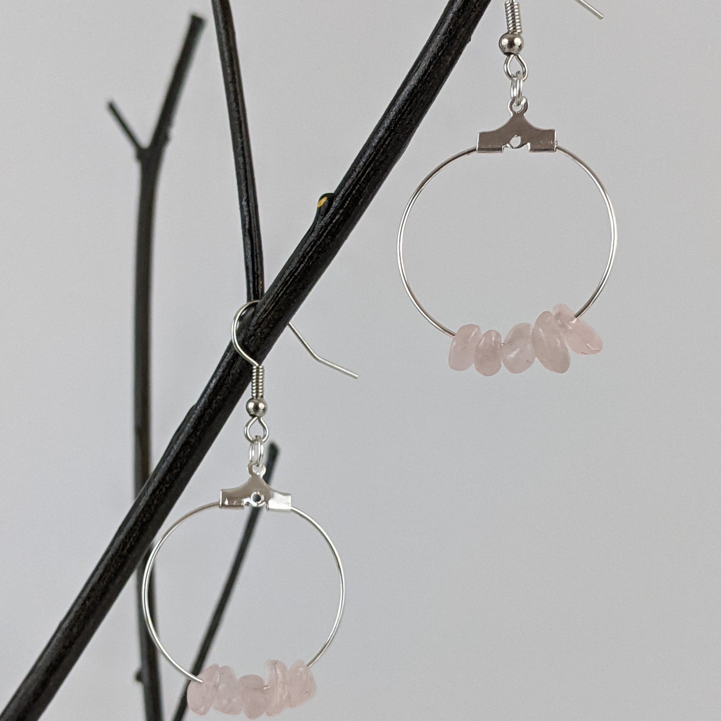 Rose Quartz Double Circle Pendant and Circle Hoop Earrings Set