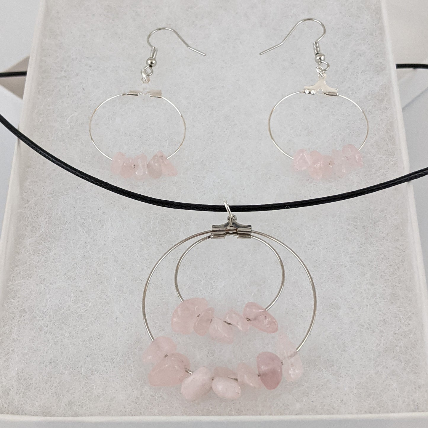 Rose Quartz Double Circle Pendant and Circle Hoop Earrings Set