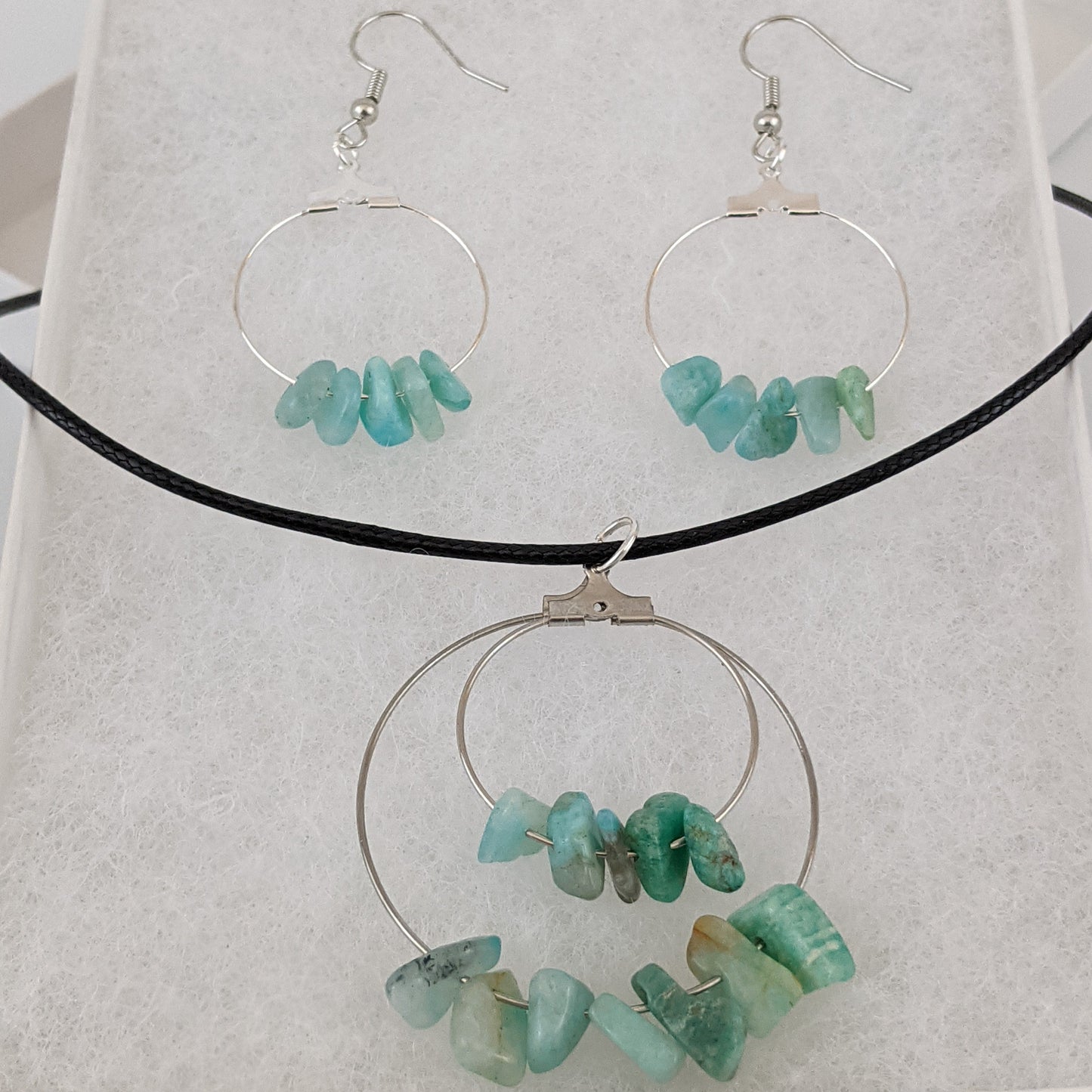 Amazonite Double Circle Pendant and Circle Hoop Earrings Set