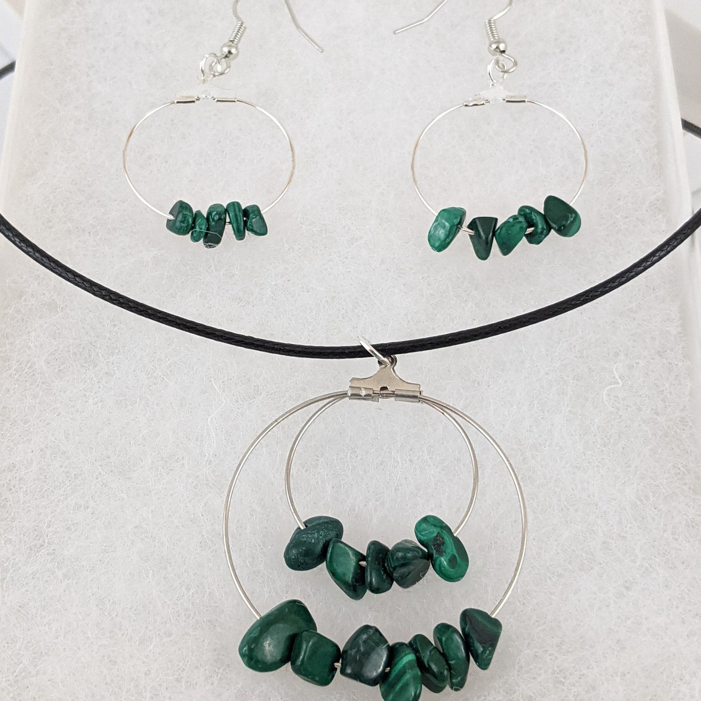 Malachite Double Circle Pendant and Circle Hoop Earrings Set
