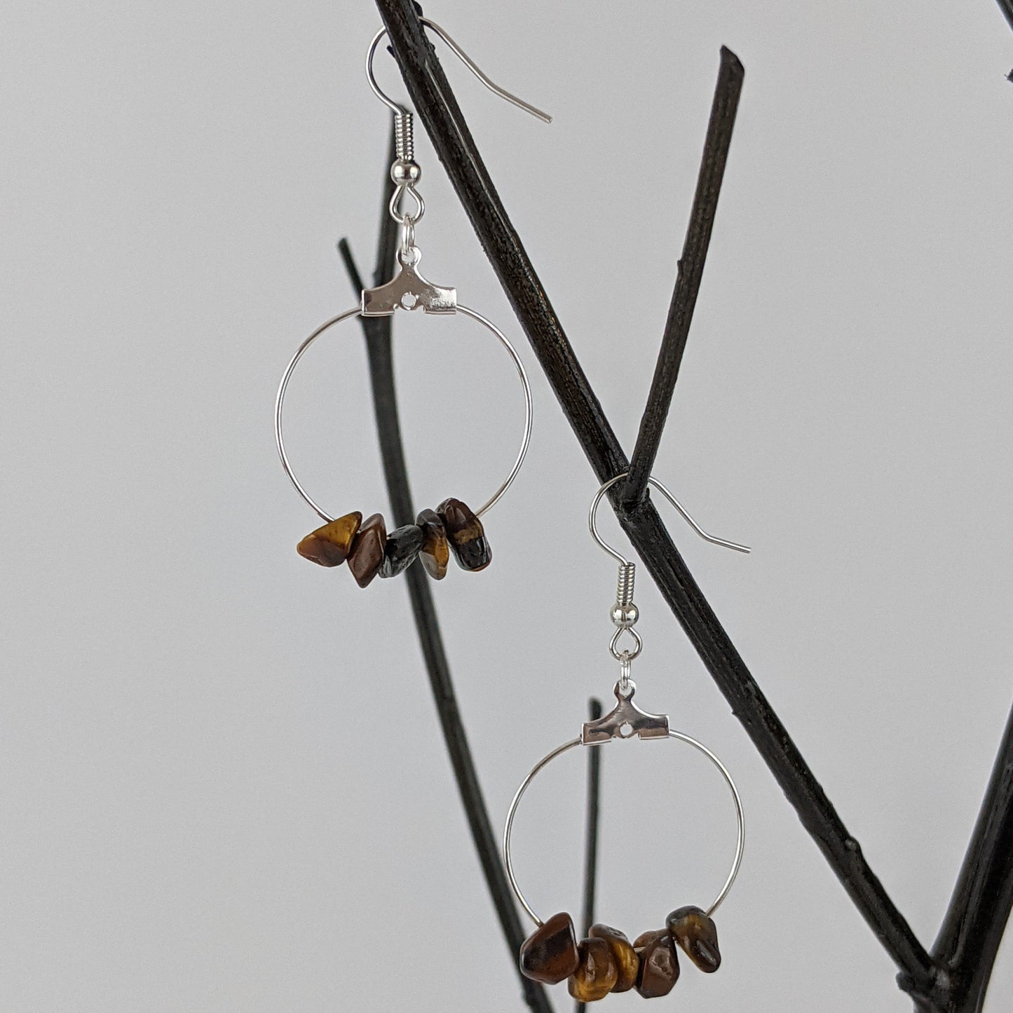 Tiger Eye Double Circle Pendant and Circle Hoop Earrings Set