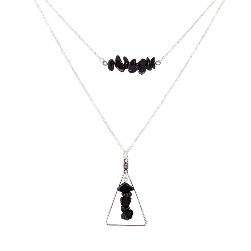 Black Agate Bar and Triangle Pendant Necklace Set
