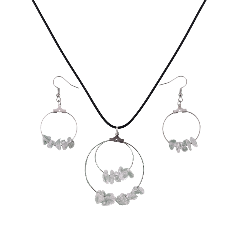 Crystal Quartz Double Circle Pendant and Circle Hoop Earrings Set