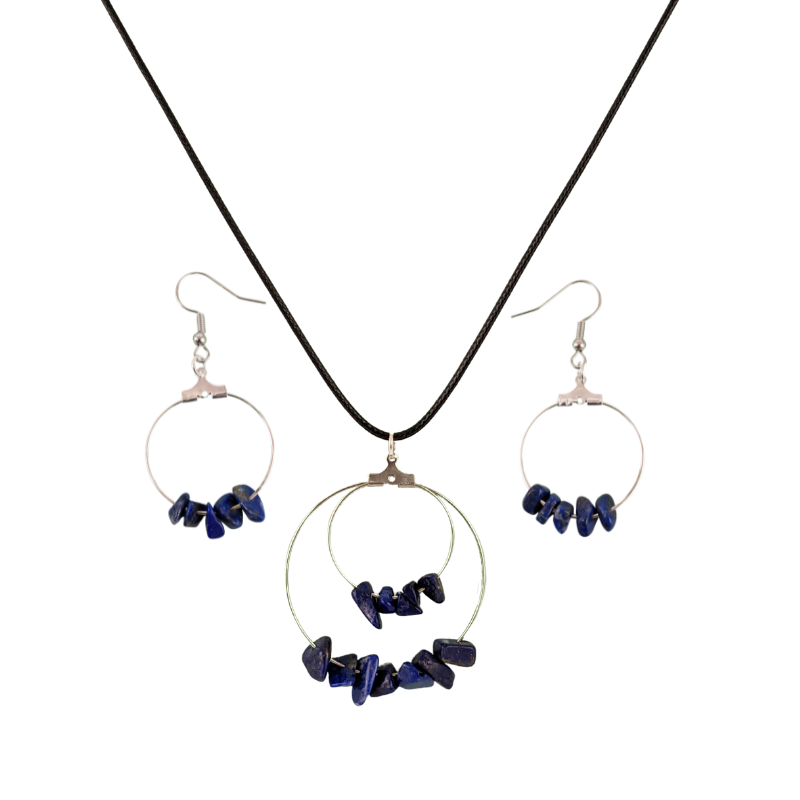Lapis Lazuli Double Circle Pendant and Circle Hoop Earrings Set
