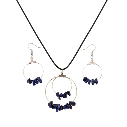 Lapis Lazuli Double Circle Pendant and Circle Hoop Earrings Set