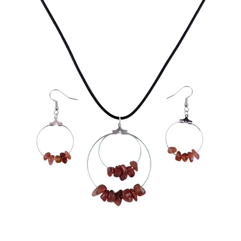 Red Carnelian Double Circle Pendant and Circle Hoop Earrings Set