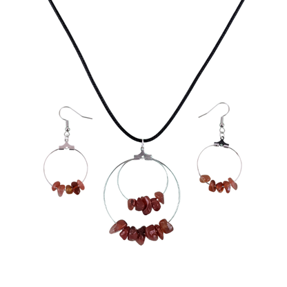 Red Carnelian Double Circle Pendant and Circle Hoop Earrings Set