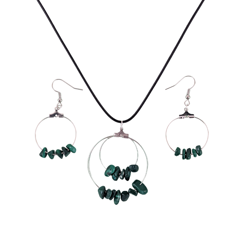 Malachite Double Circle Pendant and Circle Hoop Earrings Set