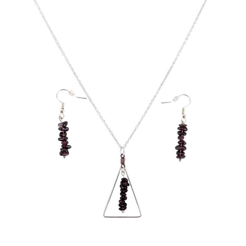 Garnet Triangle Pendant and Dangle Earrings Set