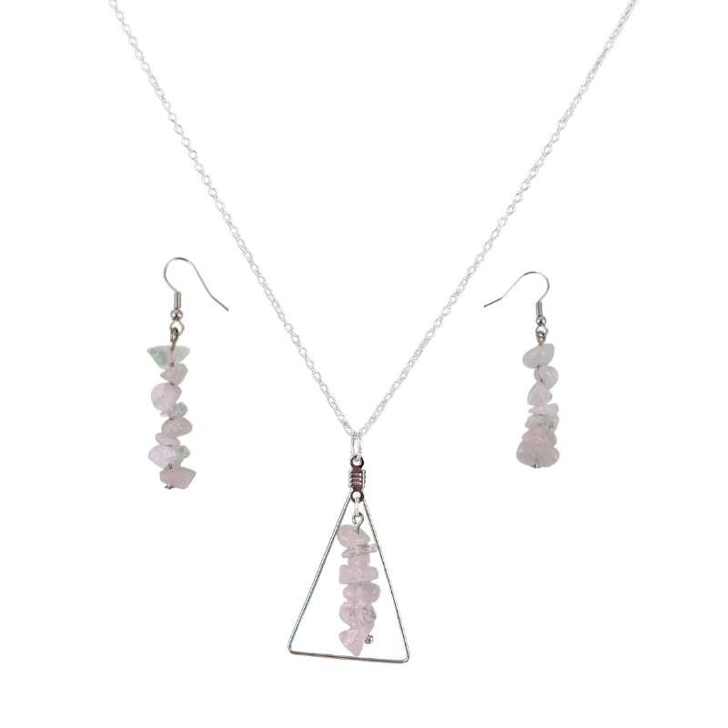Rose Quartz Triangle Pendant and Dangle Earrings Set