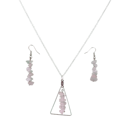 Rose Quartz Triangle Pendant and Dangle Earrings Set
