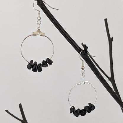 Black Agate Circle Hoop Earrings