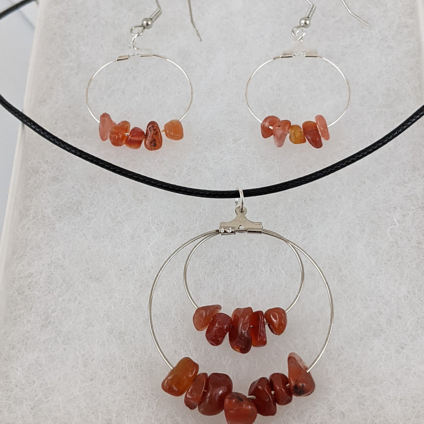 Red Carnelian Double Circle Pendant and Circle Hoop Earrings Set